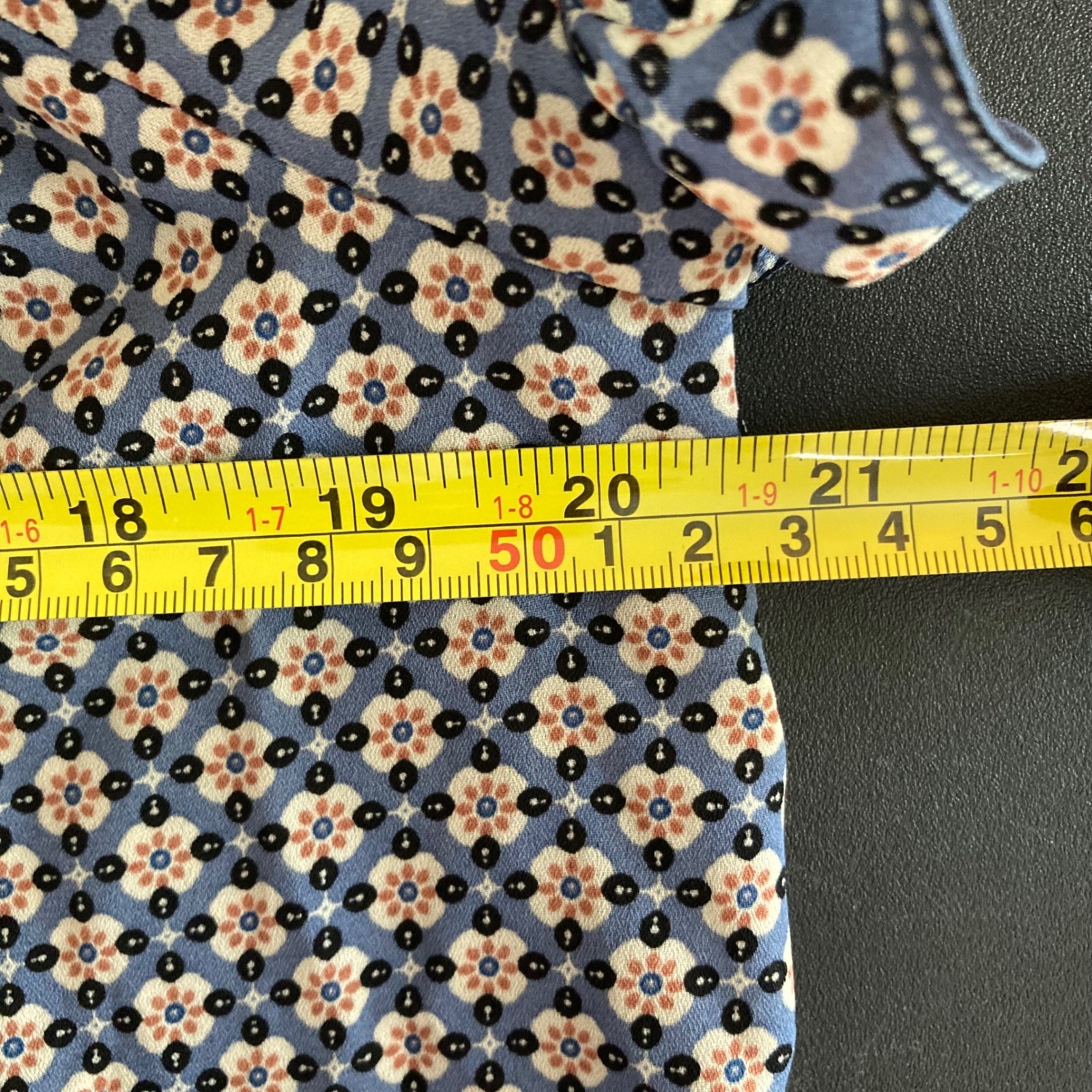Floral Geometric Tie Neck Flutter Sleeve Max Studio Blue Blouse S Coastal Office