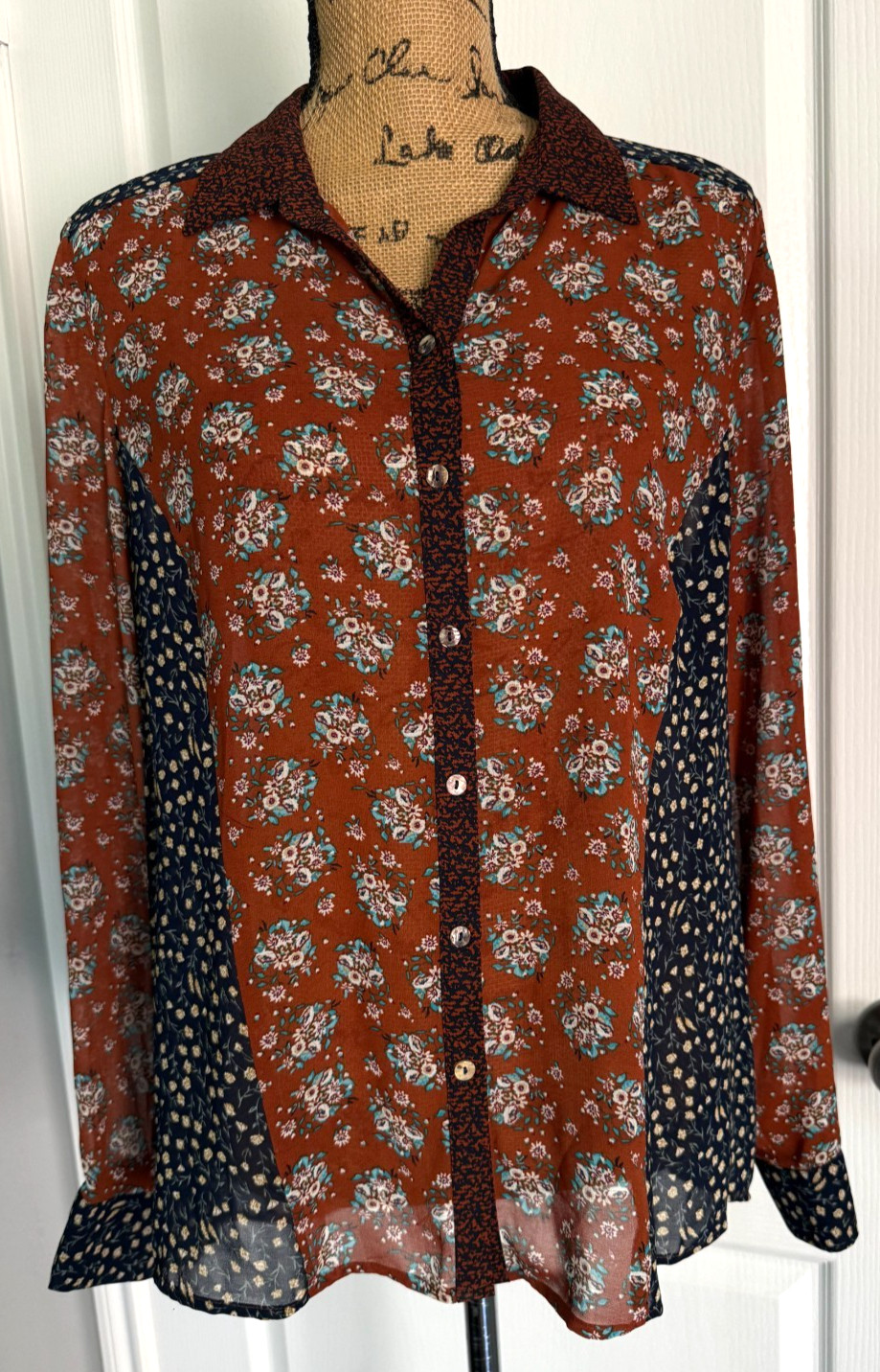 DR2 Top Button Up Long Sleeve Brown Floral Patchwork Chiffon Sheer Cottage L