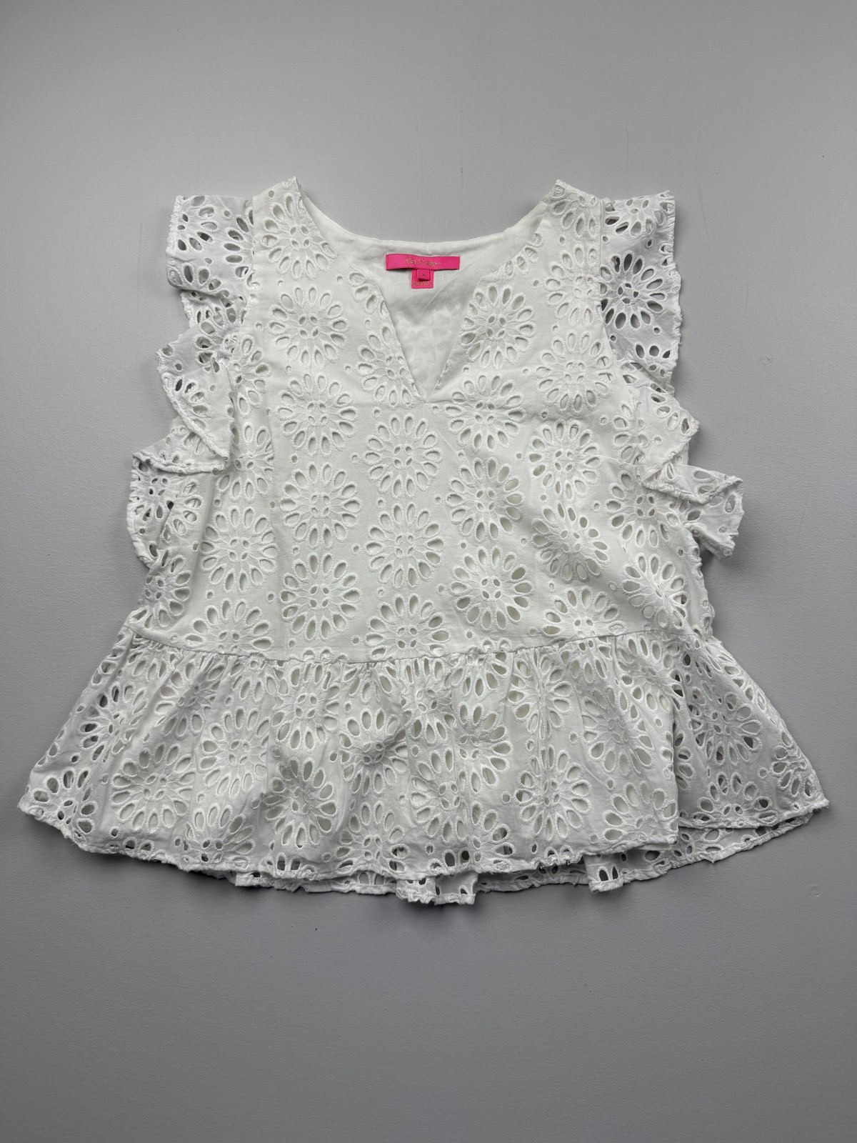 Lilly Pulitzer Blouse Womens 4 White V Neck Sleeveless Eyelet Ruffle Peplum Top