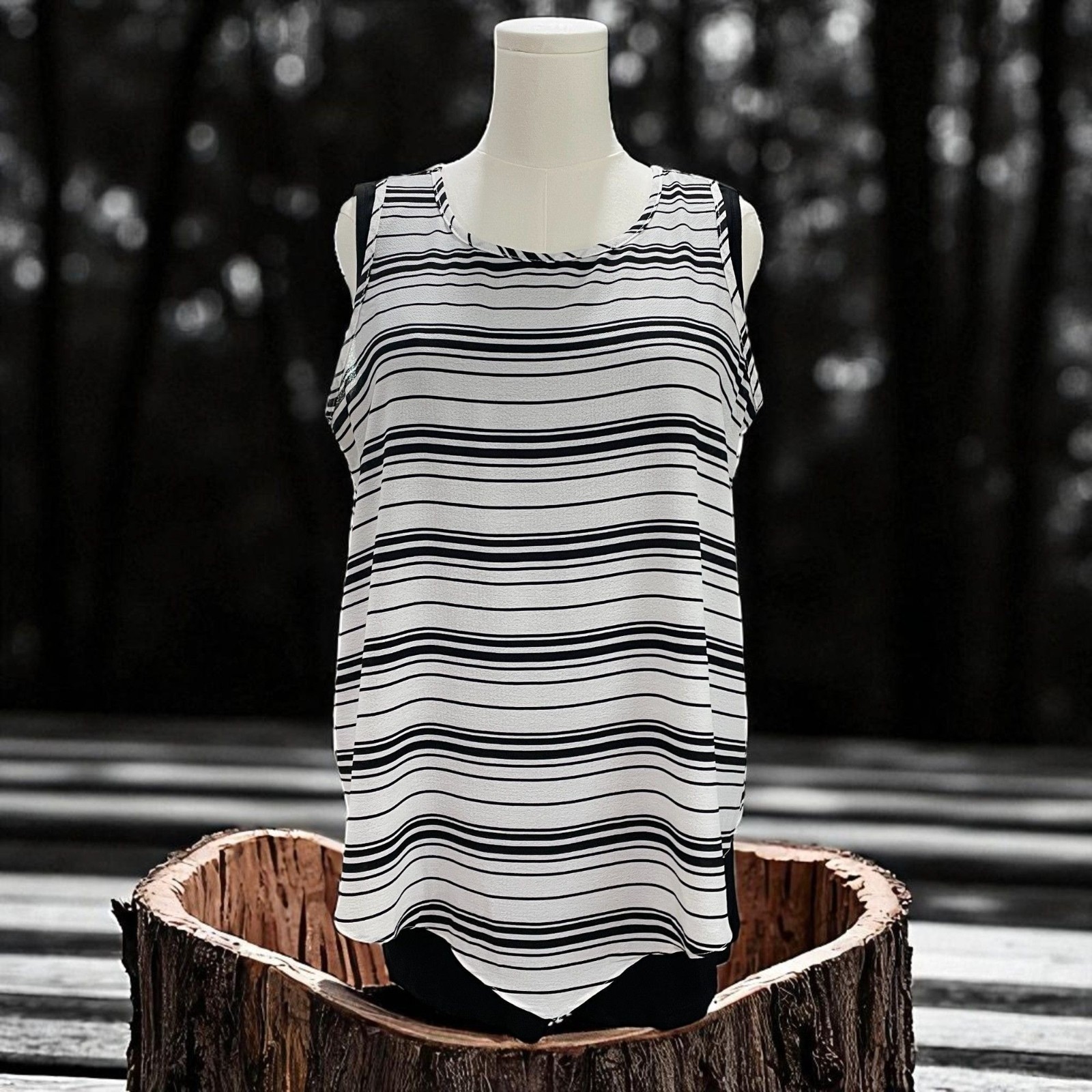 Papillon Striped Sleeveless Tunic Tank Top Black White Layered Coastal Casual