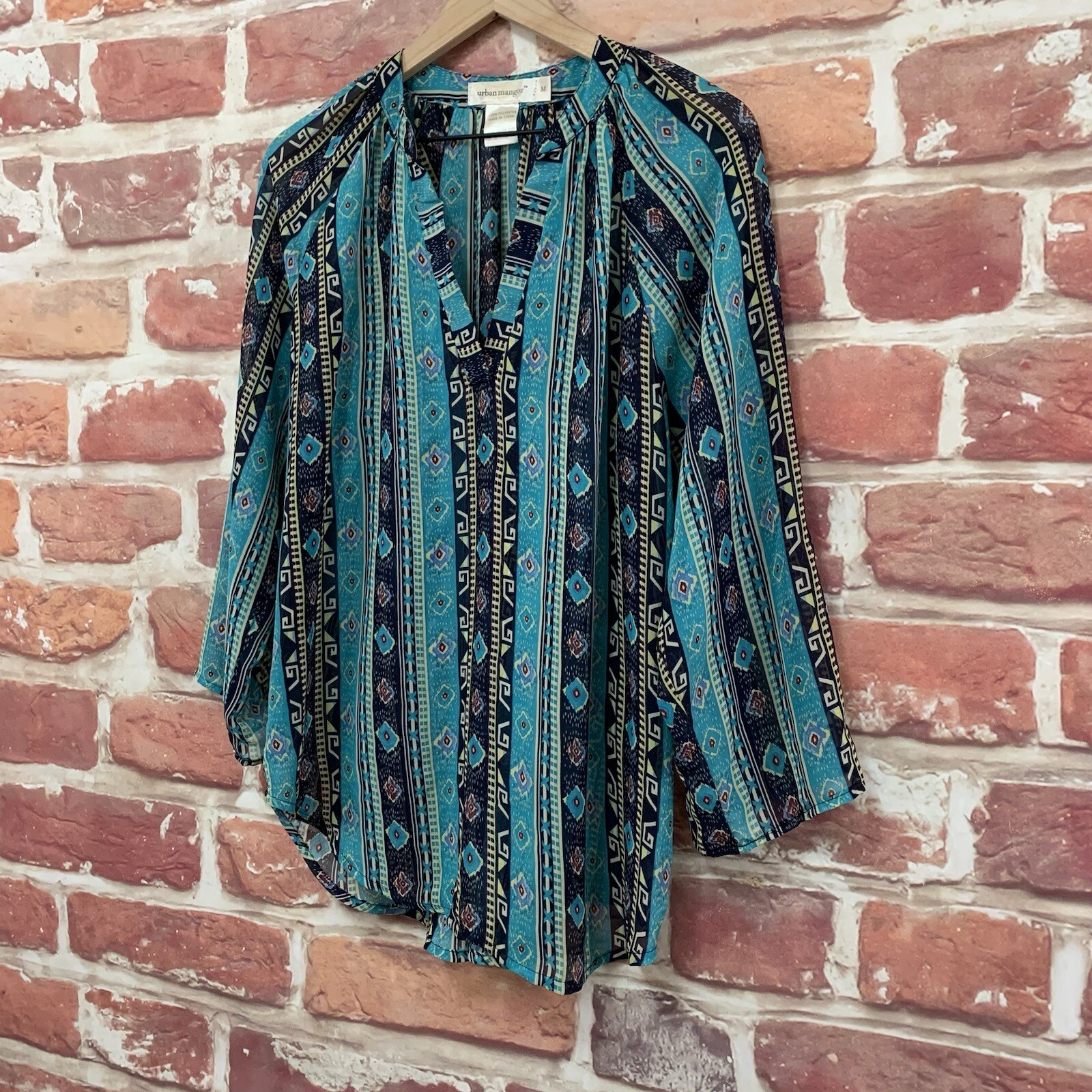 Urban Mangoz Top Shirt Womens Medium Blue Multicolor Boho Abstract Sheer Blouse
