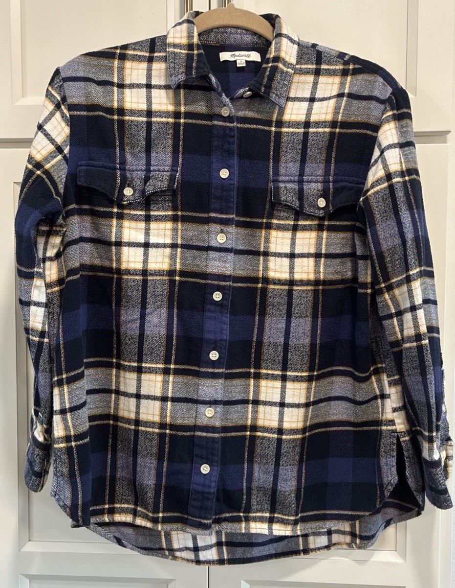 Madewell Women’s blue white yellow plaid flannel button front shirt Size S