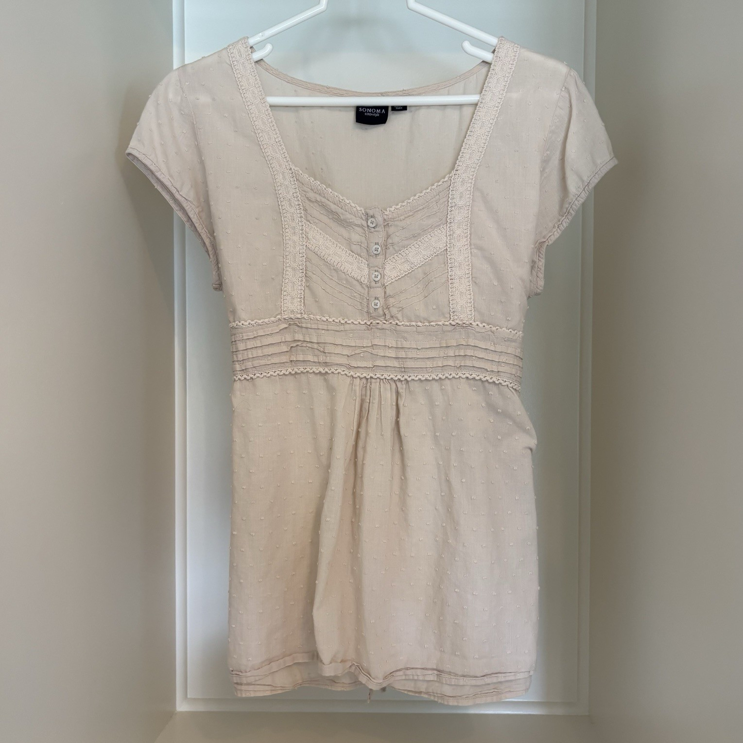SONOMA Life + Style Womens L Ties in the Back Cream Boho Babydoll Blouse