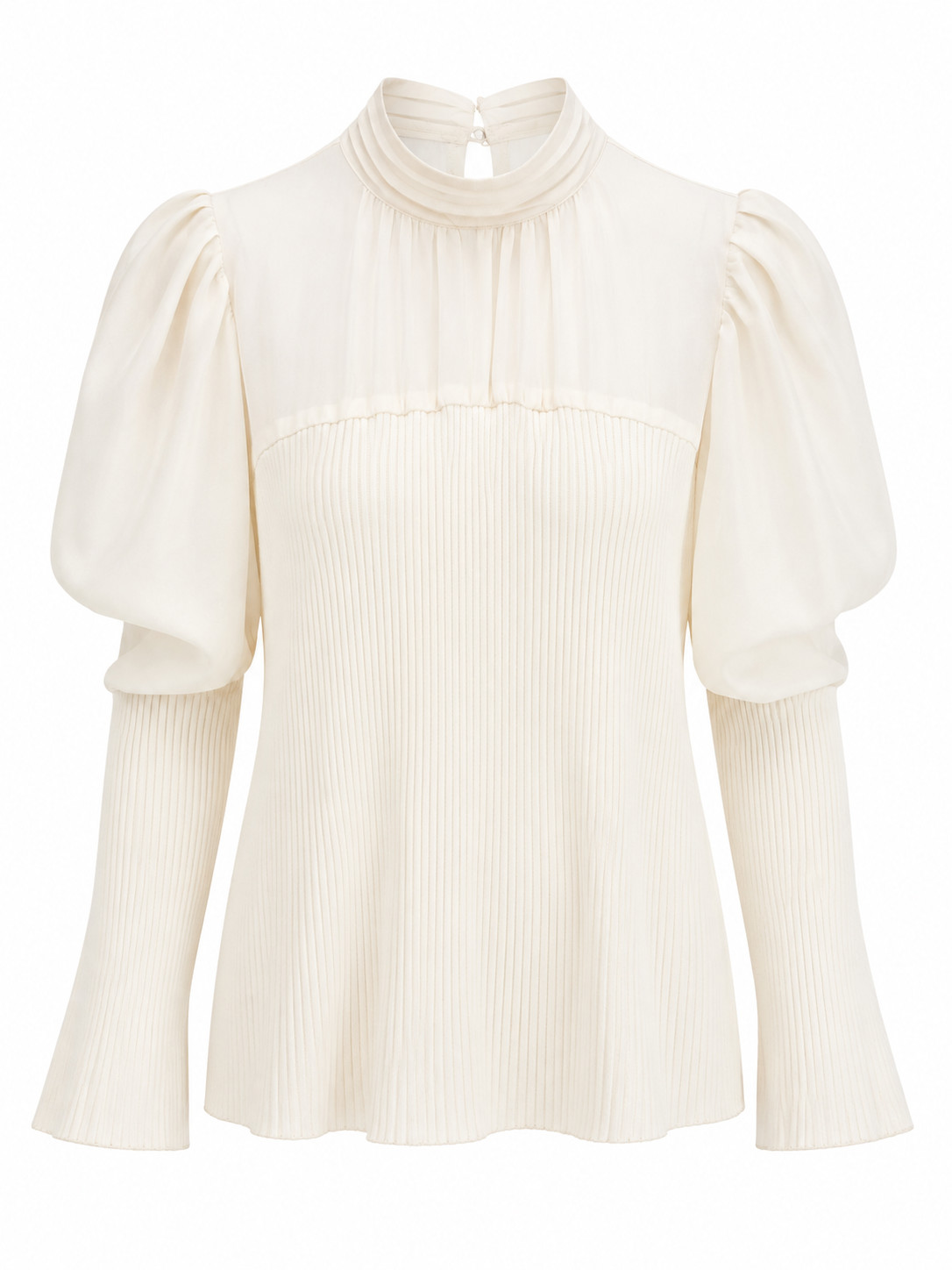 SNIDEL Elegant Ivory Ribbed Knit Blouse with Sheer Yoke & Puff Sleeves