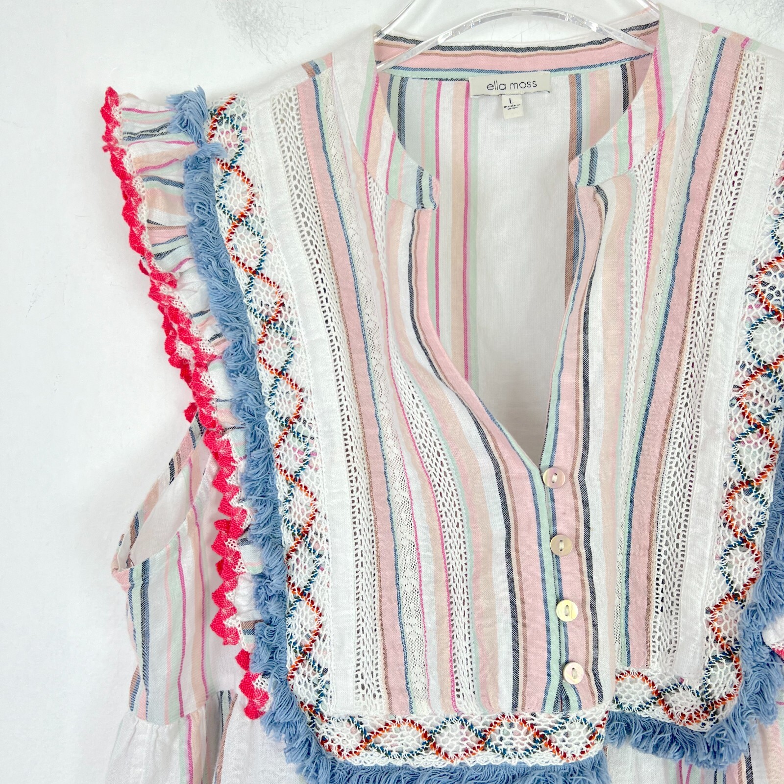 Ella Moss Natalia Ruffle Baby Doll Top Sleeveless Fringe Size Large L EUC L2191