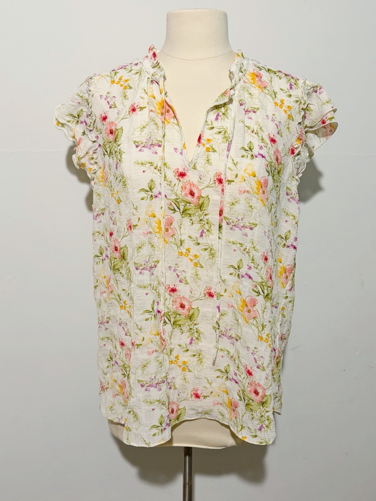 Haver London Floral Tie-Front Semi-SheerCap Sleeve Top – White with Pink & Green