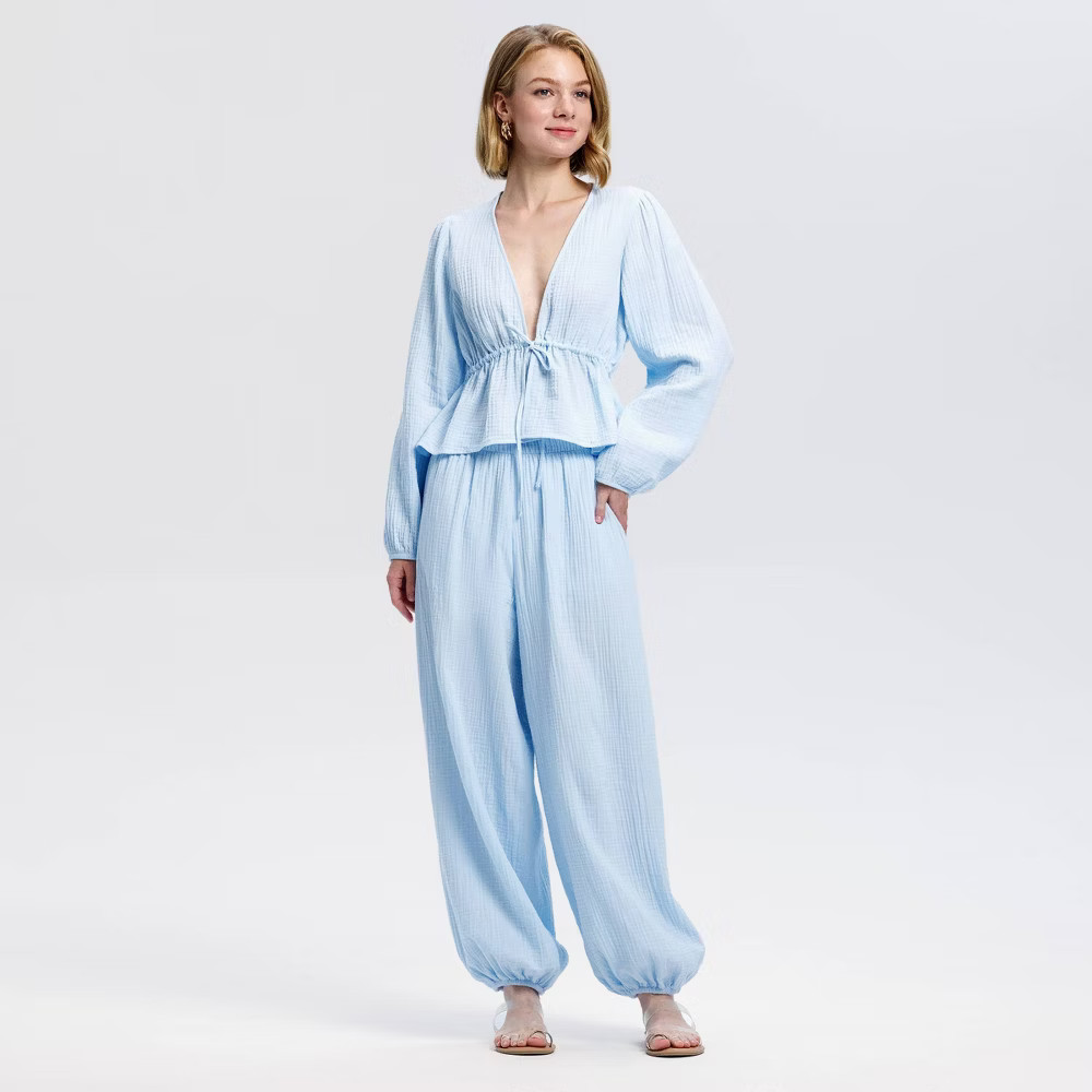 Women Puff Long Sleeve Tie-Front Crinkle Gauze Top – A New Day