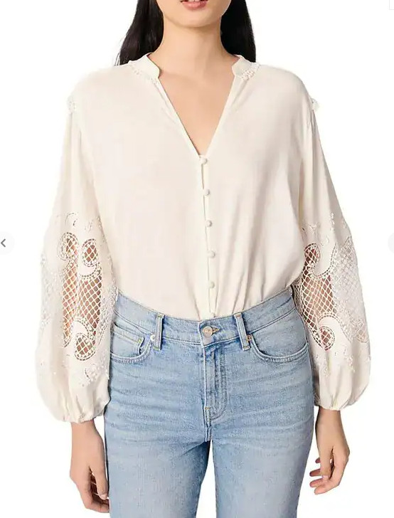 Maje women’s Embroidered Sleeve Ecru Top Blouse – size Small / 1 FR- retail $370