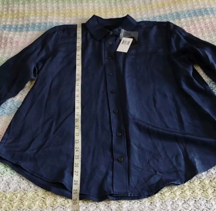 NWT Magaschoni Large Navy Blue 100% Silk Button Front Top