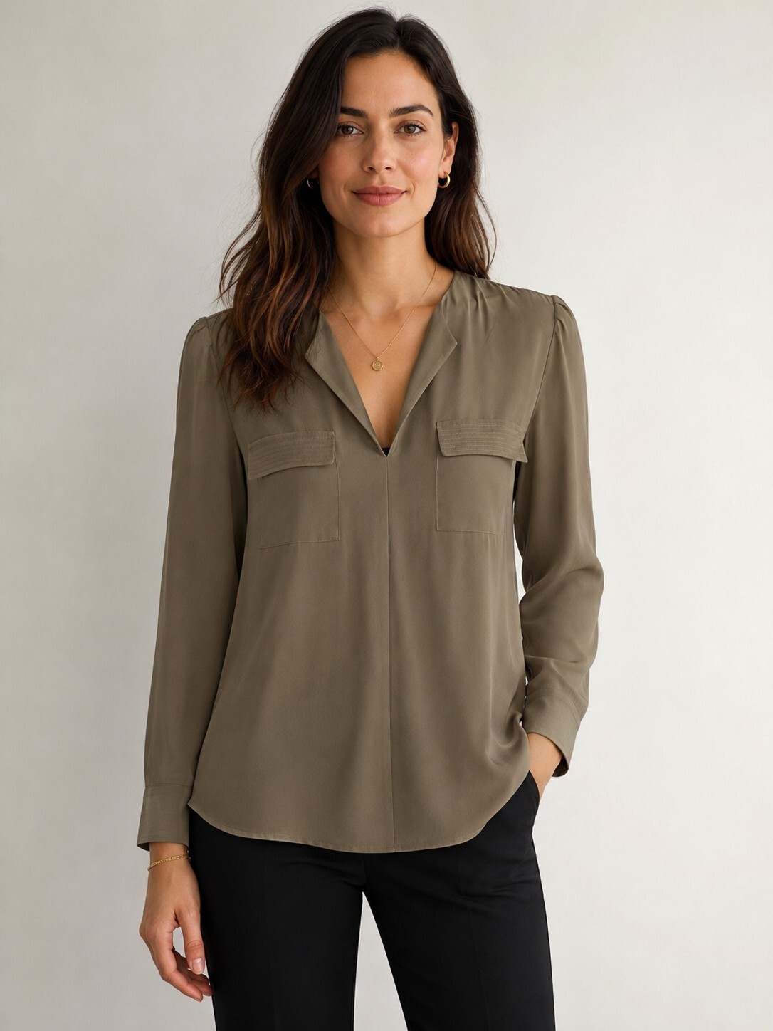 GO SILK 100% Silk Taupe V-Neck Utility Blouse XL NWT Long Sleeve Minimalist