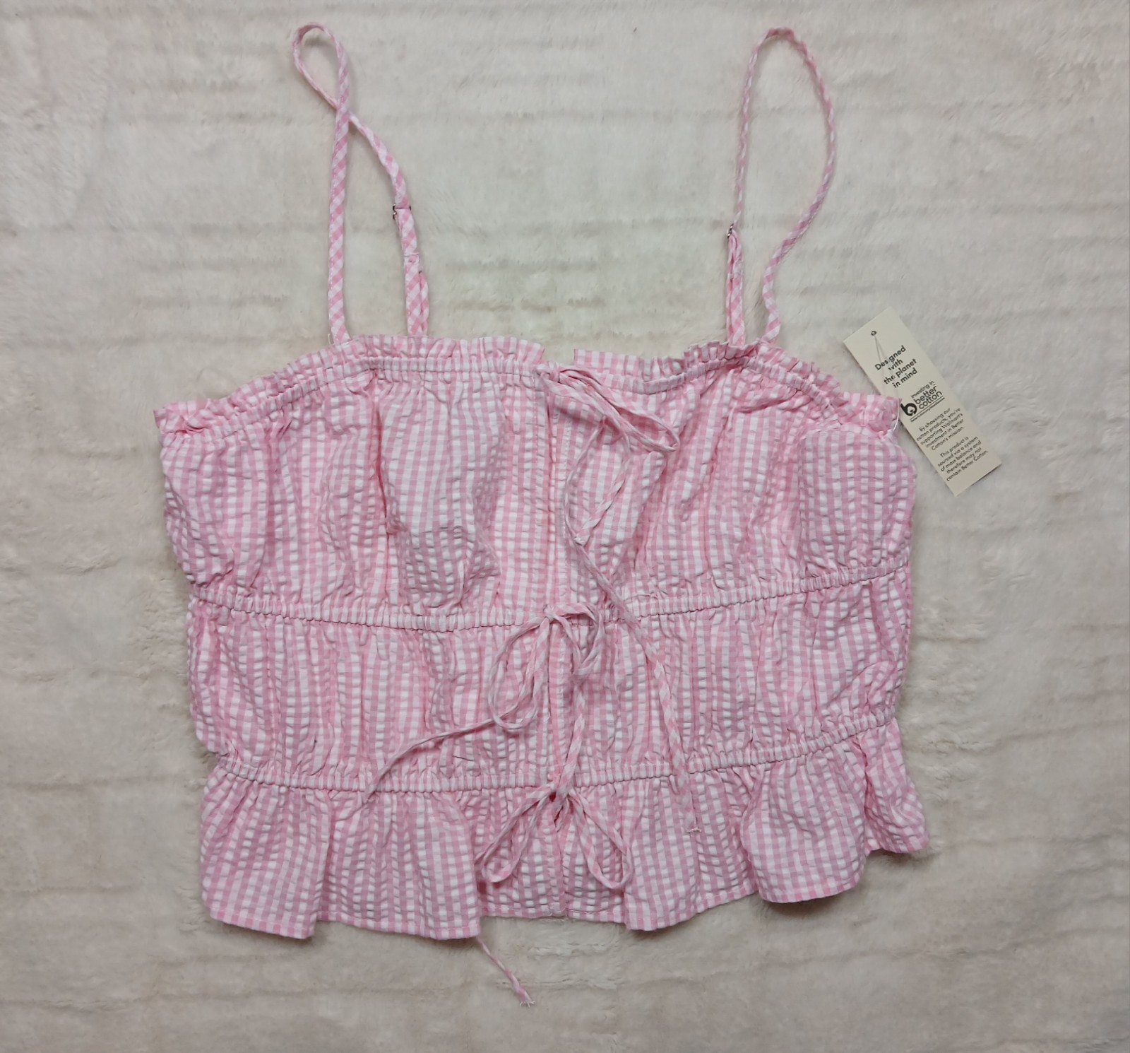 NEW No Boundaries Pink Gingham Smocked Cami Crop Top Tie Front Ruffle Hem M