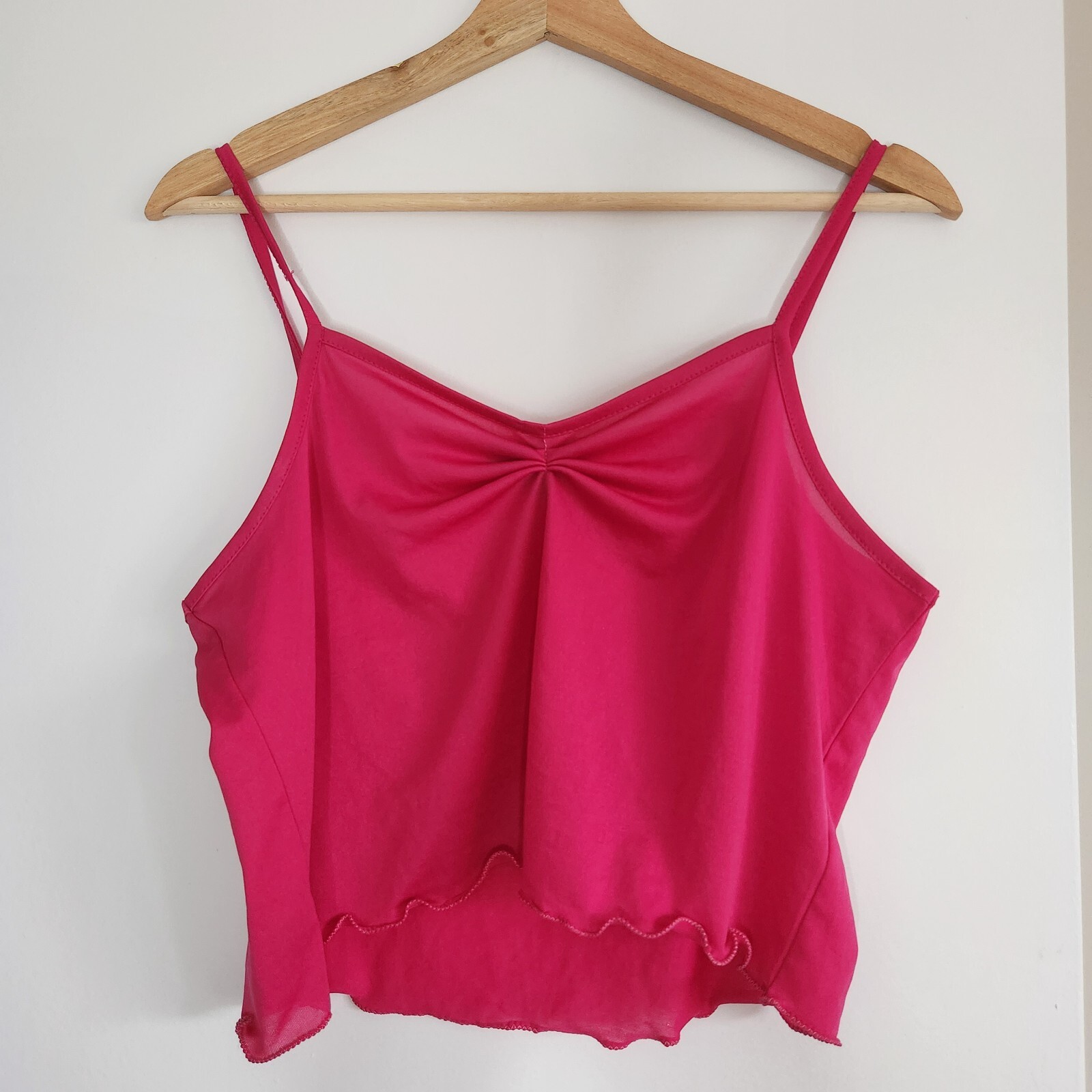 CAROLINE MORGAN Upcycled Y2K Pink Ruched Lettuce Hem Crop Top Size 14