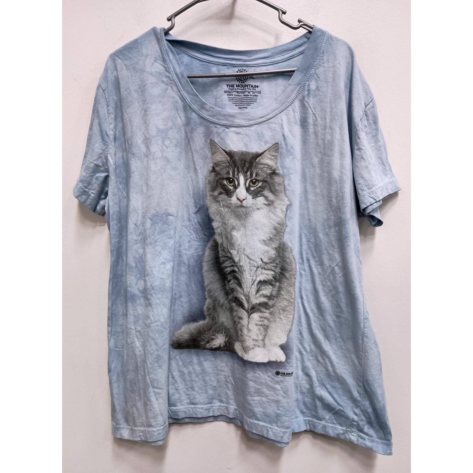The Mountain T-Shirt Womens 2XL Blue Tie Dye Fluffy Cat Graphic Tee Short Sleeve