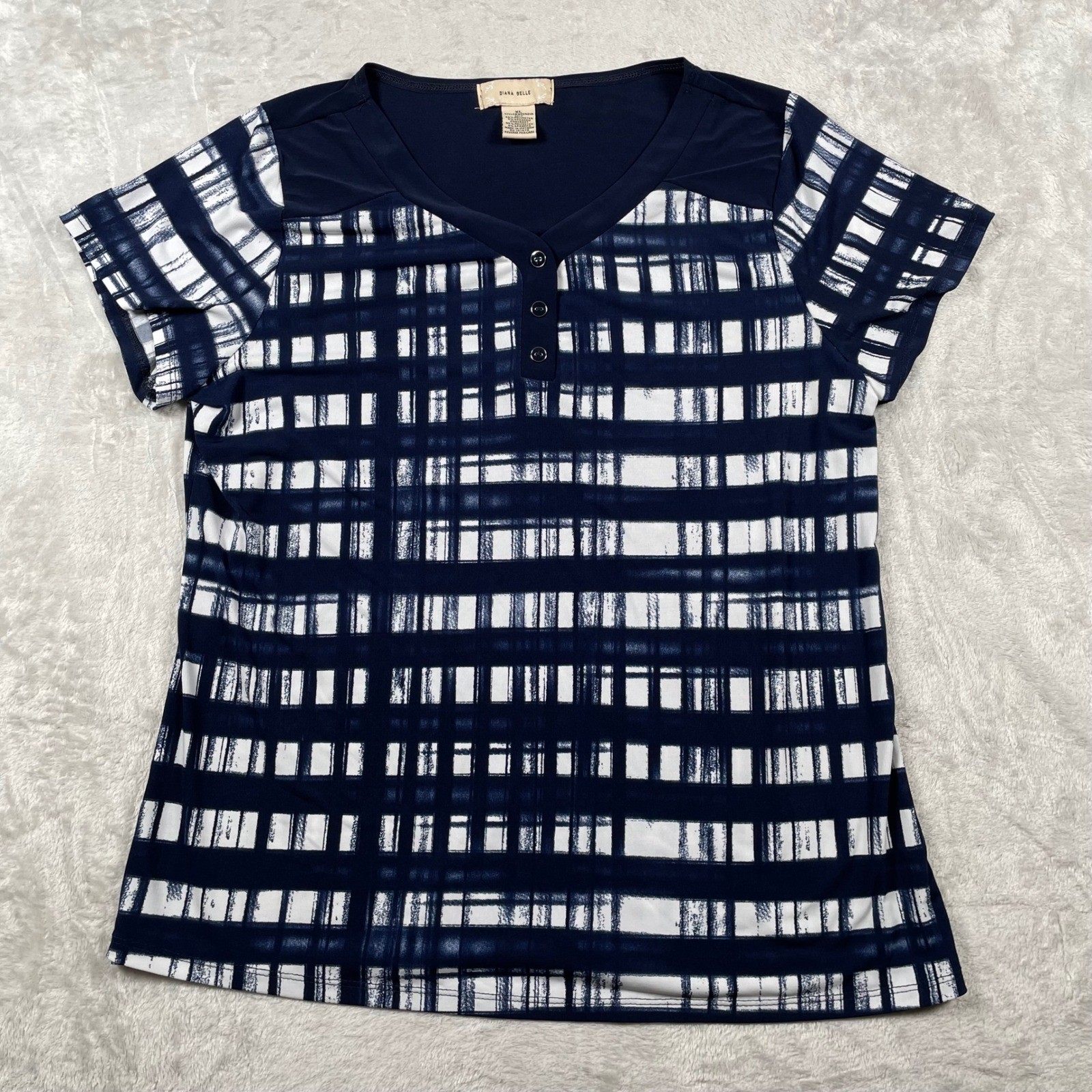 Diana Belle Women’s Top XL Blue White Plaid Button V-Neck Short Sleeve