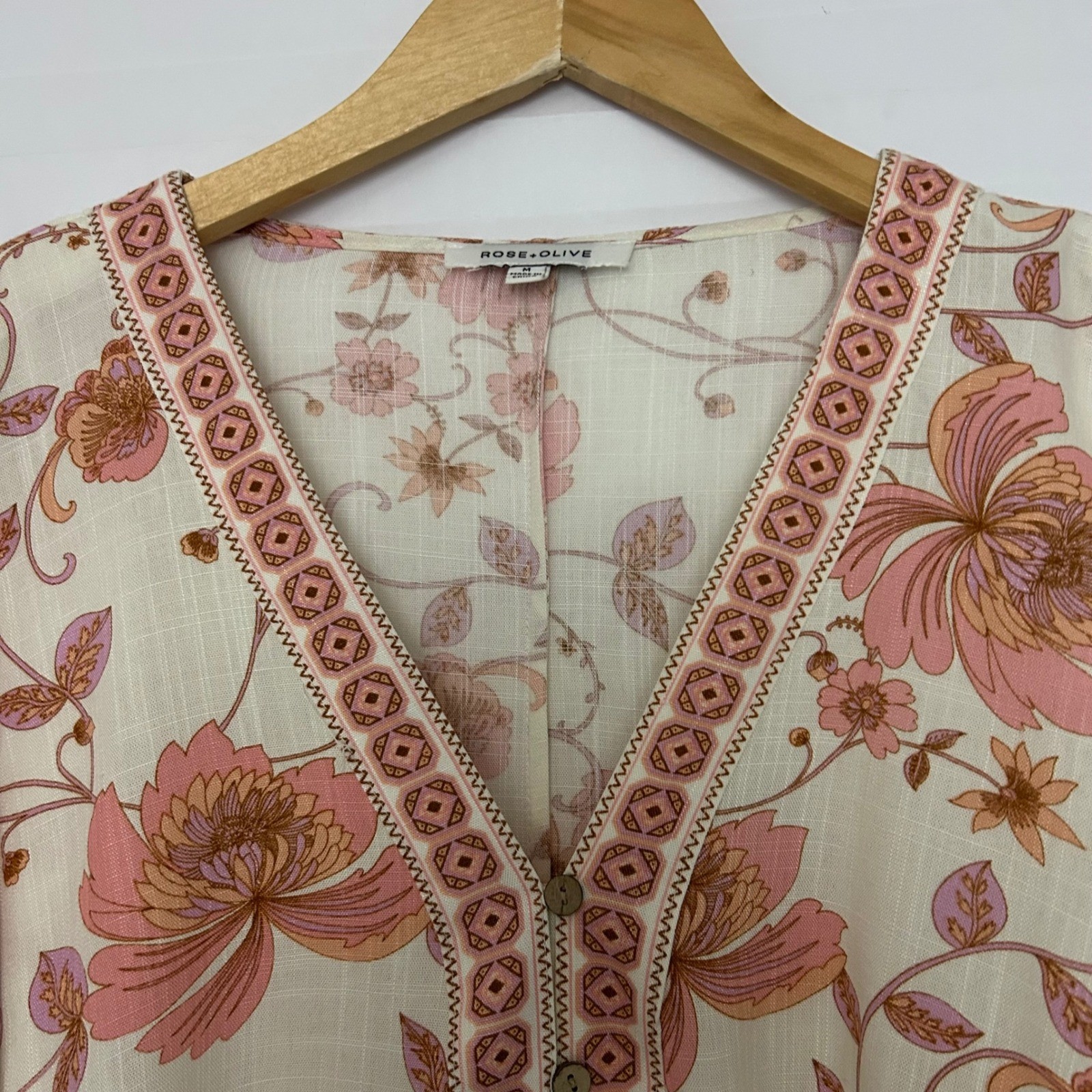 Rose + Olive Pink Floral Boho V-Neck Dolman Sleeve Cottagecore Top Womens M Crop