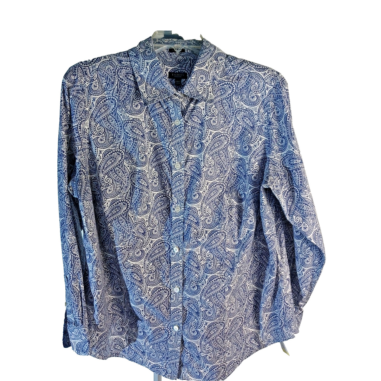 Talbots Woman Petites Size 14WP Blue & White Paisley Button Up Shirt Wrinkle Res