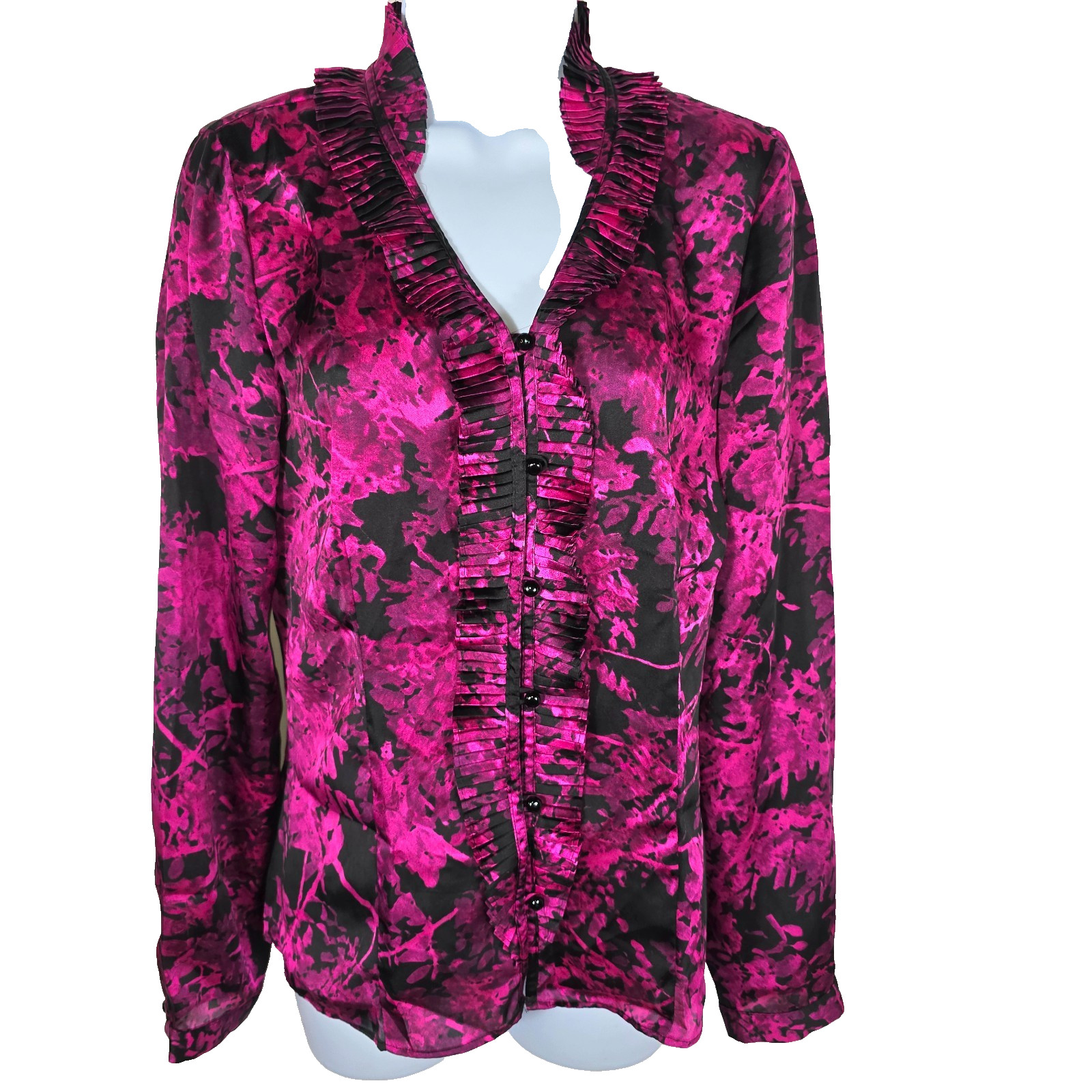 Floral Blouse Top M Satin Long Sleeve Rose Black Victorian Office Evening