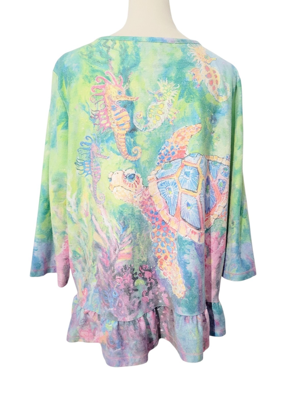Leoma Lovegrove Size XL Sea Turtle Sweatshirt Coastal Art Ruffle Hem 3/4 Sleeve