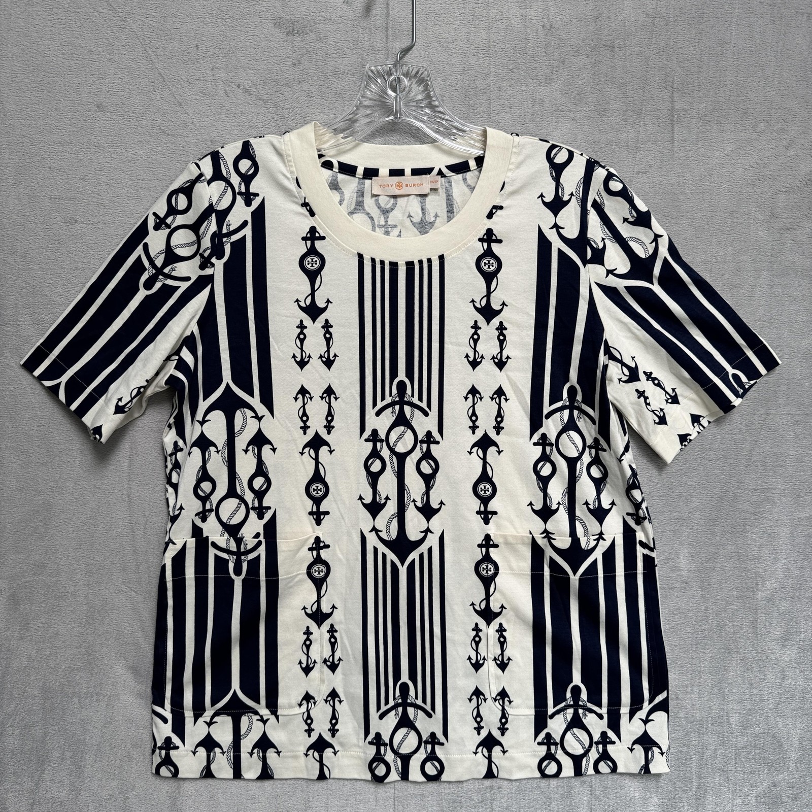 Tory Burch Shirt Womens XS White Navy Nautical Anchor Stripe Short Sleeve Top