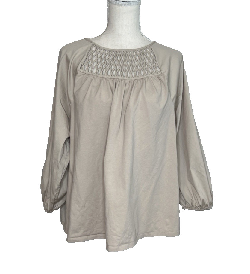 Chico’s Beige Lattice Detail Top Blouse XL Mixed Fabric Cotton Stretch Dressy
