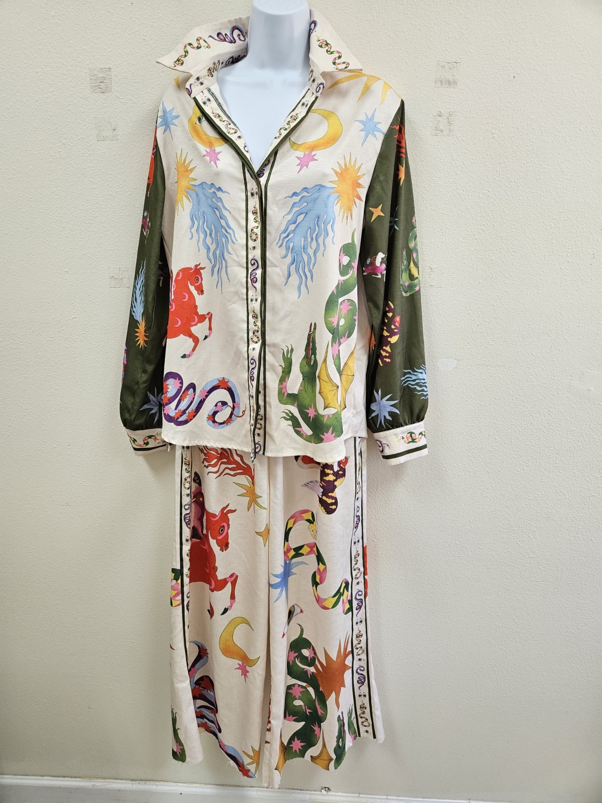 Celestial Fantasy Dragon Yogi Pajama Set Shirt Pants Raw Hem Loungewear Small