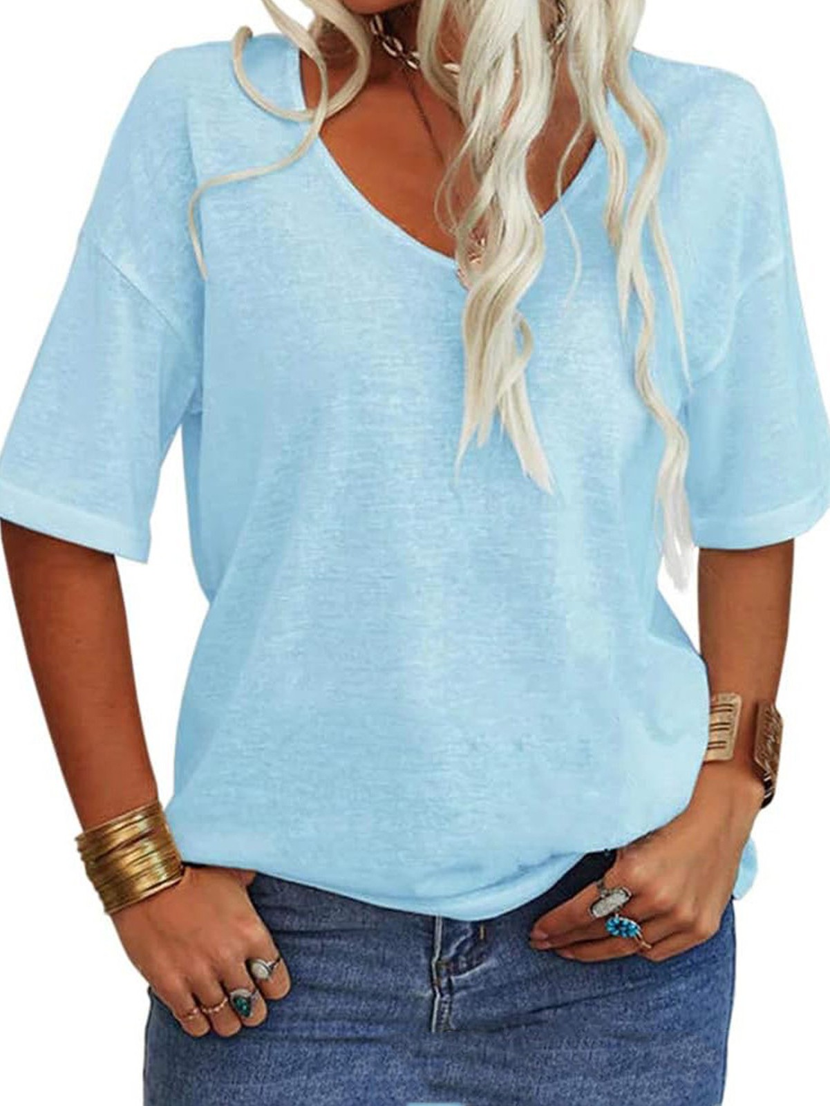 Women’s V-Neck Short Sleeve T-Shirt Loose Casual Solid Color Basic Tee Top Soft