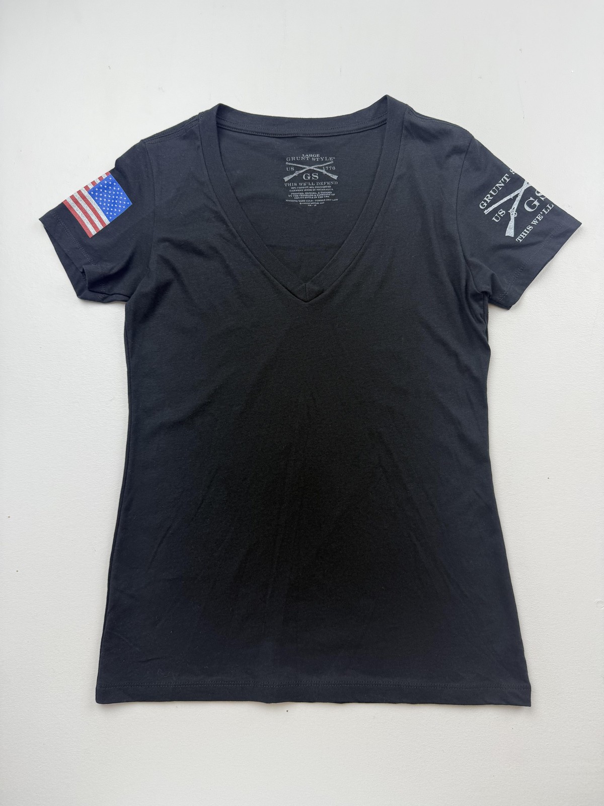Grunt Style Shirt Womens L Black V Neck Short Sleeve American Flag Patriotic Top