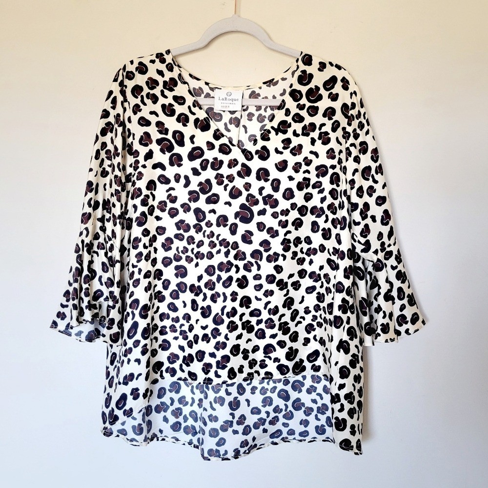 La Roque Original Animal Print 3/4 Bell Sleeve Silk V-Neck Shirt Top