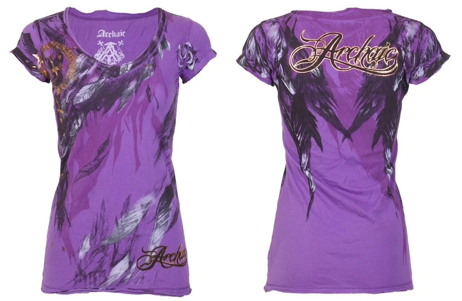Archaic AFFLICTION Women’s T-Shirt SECOND LOVE Feathers PURPLE Tattoo Biker $40