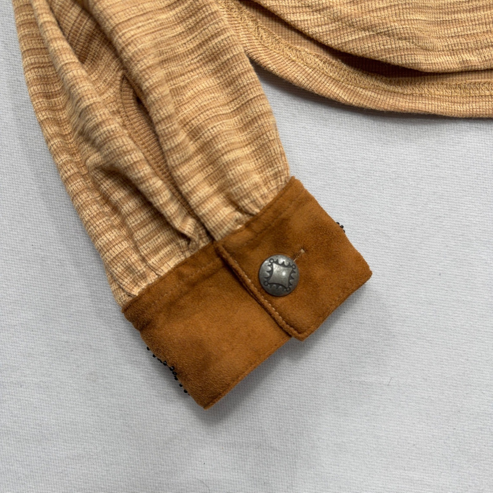 Double D Ranch Top Embroidered Beaded Cuff Stripe Dust Tan Women Size M NWT