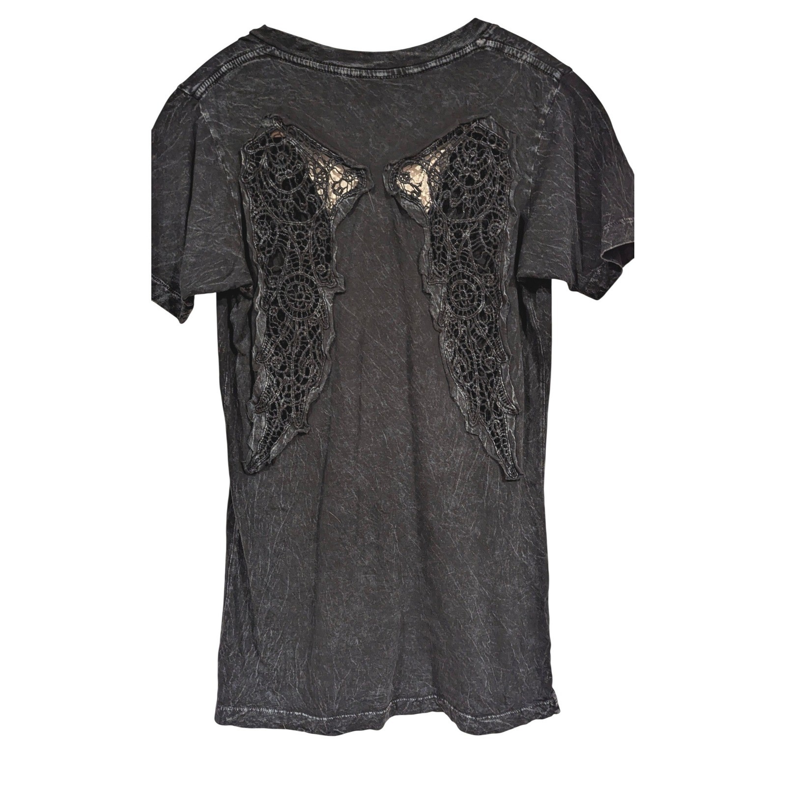 Affliction V-Neck T-Shirt Small Black Acid Wash Lace Wing Back Graphic Y2K Goth