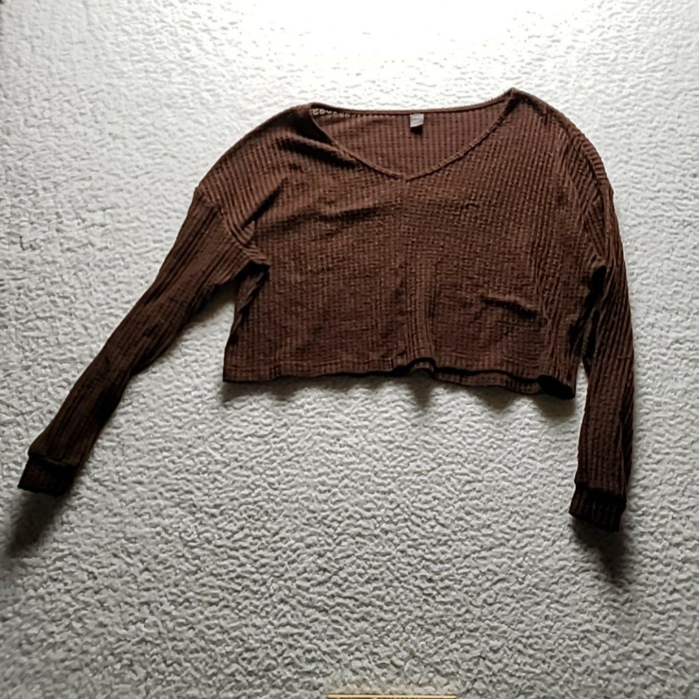 SheIn Shirt Womens Large Brown V Neck Long Sleeve Waffle Knit Cropped Top