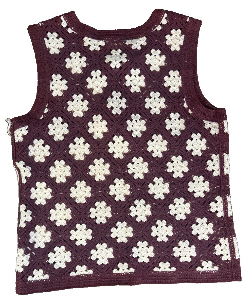 A New Approach Crochet Top Floral Sleeveless Burgundy Tassel womens M