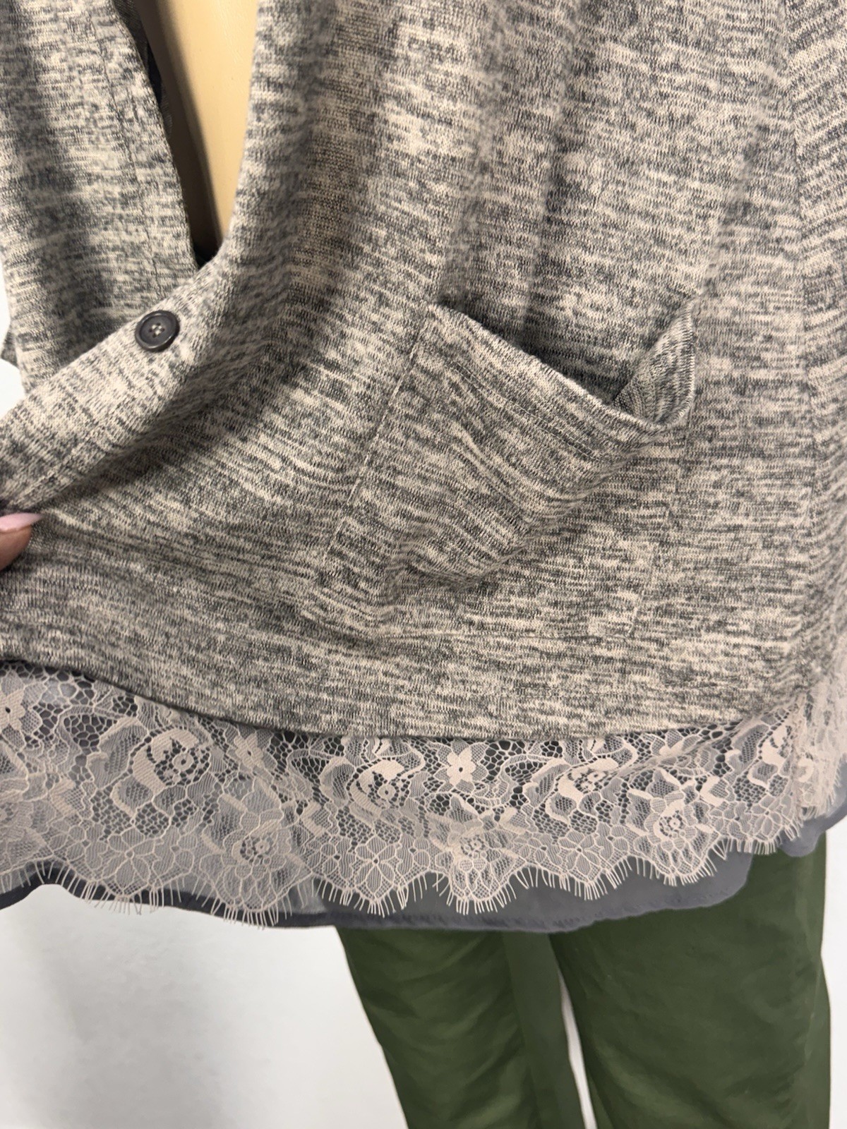 LOGO Marl Lace Hems Insert, Button Front Cardigan Stretch Women Size LCasual Top