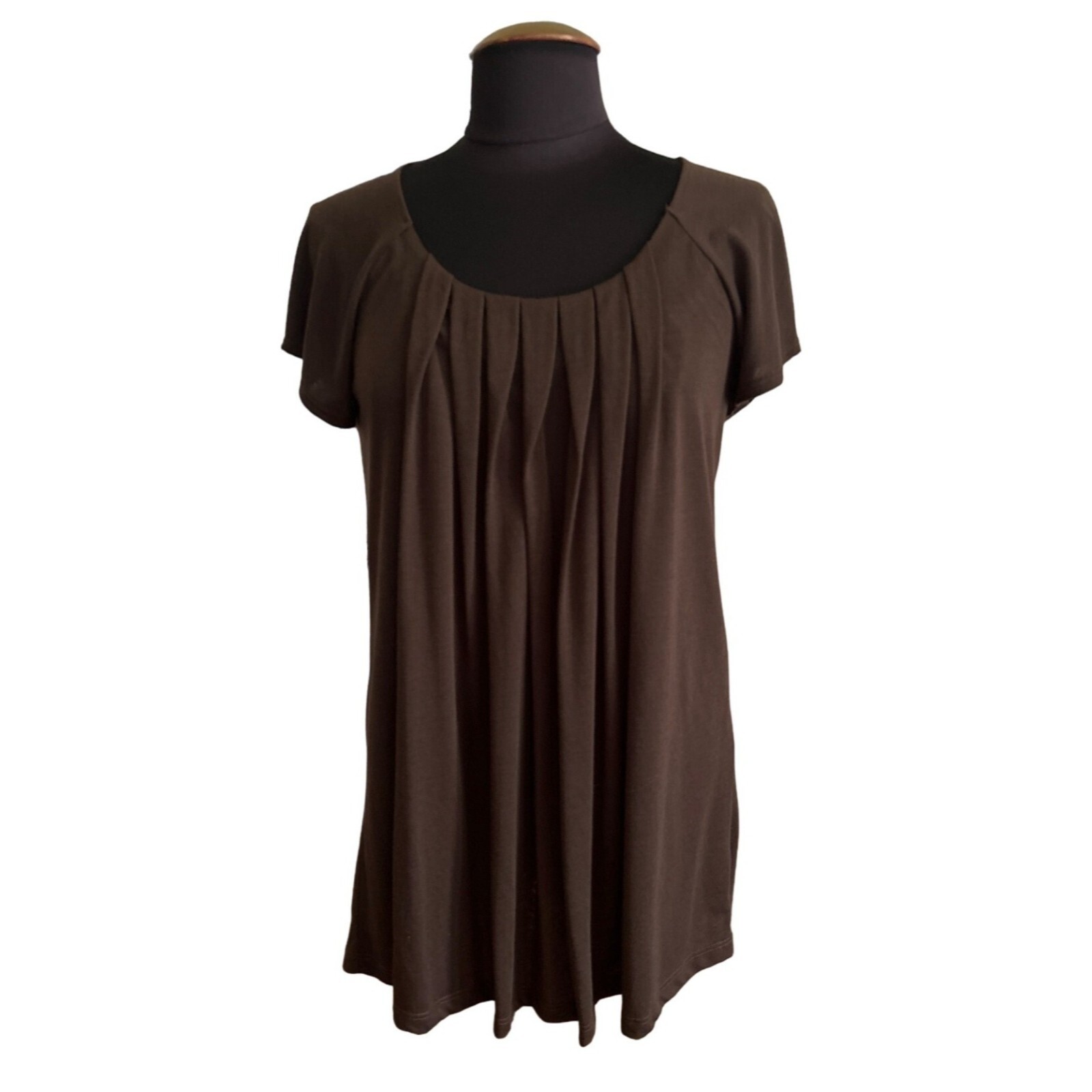 A.N.A Brown Pleated Short Sleeve Tunic Top – Size M/M Polyester & Rayon Blend
