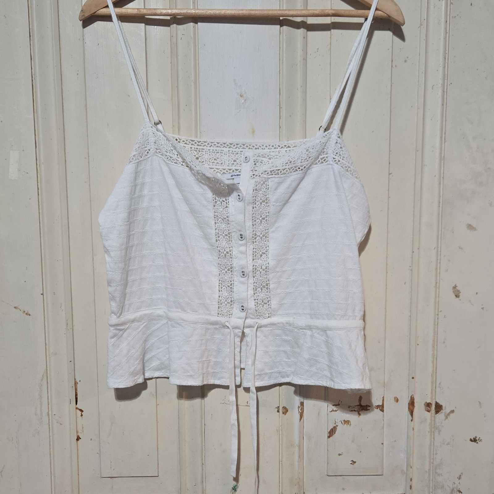 O’Neill Womens White Boho Crochet Lace Trim Button Front Cami Tank L