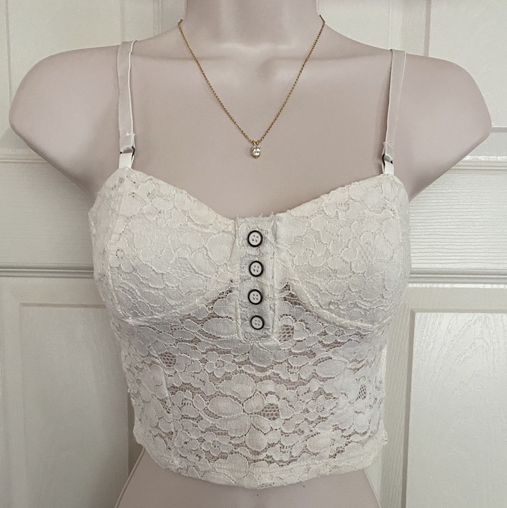 Forever 21 White Floral Lace Bralette Spaghetti Strap Cropped Cami Tank Top ~ S