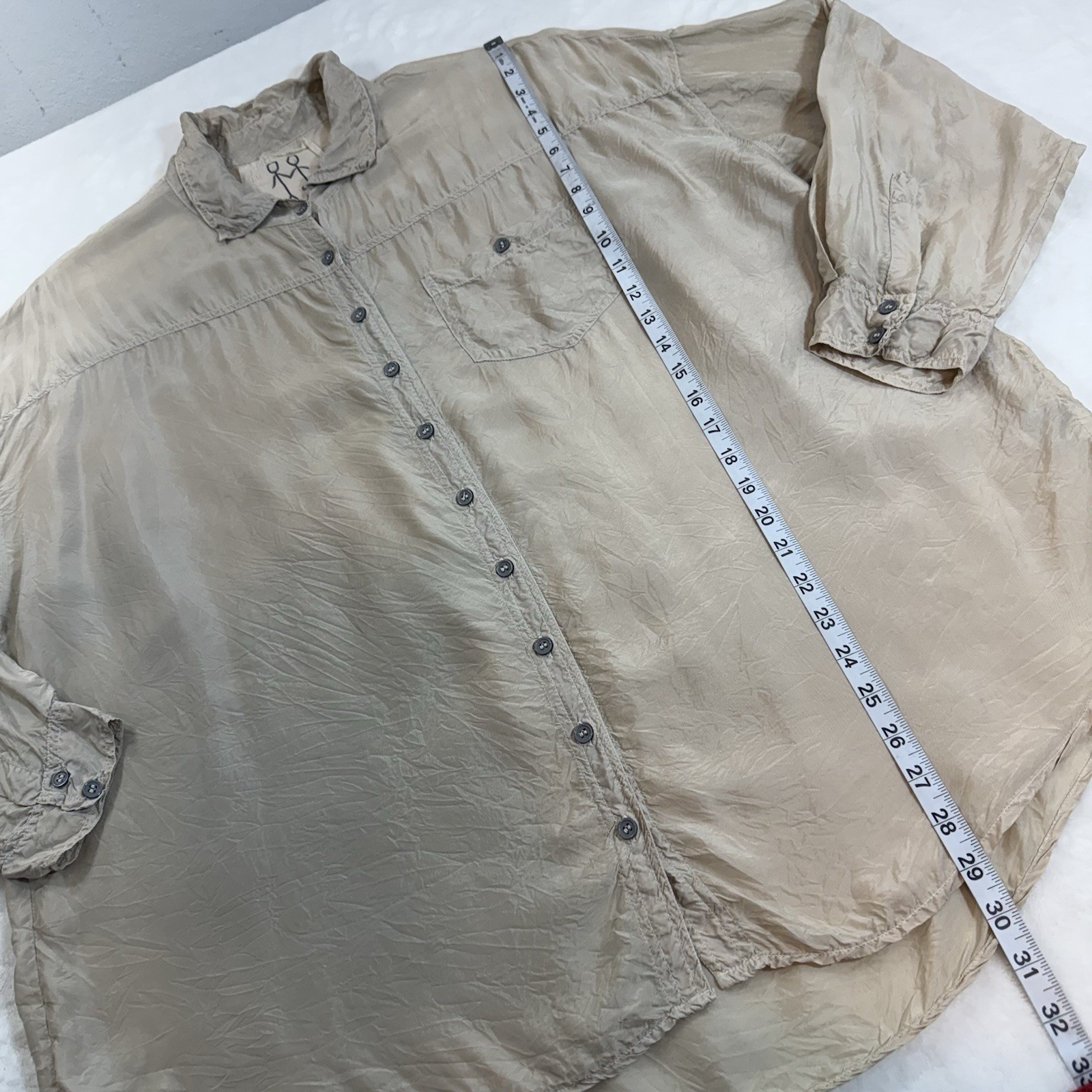 Pete & Greta Cupra Button Down Blouse Sz LG Long Roll Tab Sleeve Johnny Was Boho