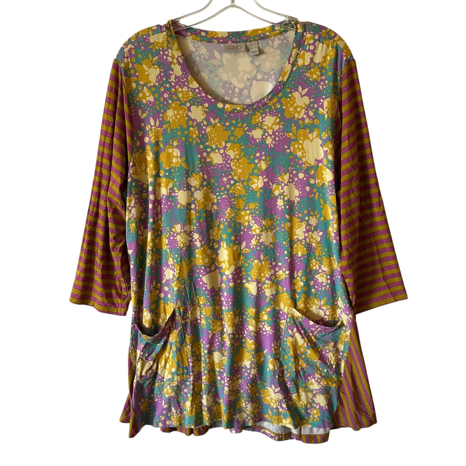 LOGO Lori Goldstein Mixed Print Tunic Womens XL Purple Floral Striped Pocket Top