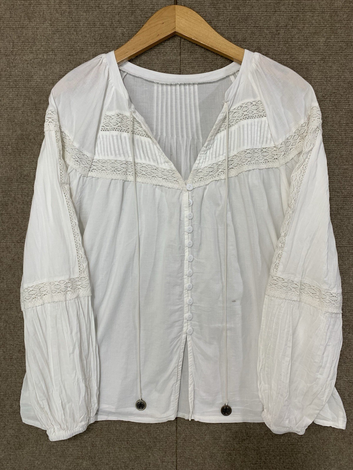Women Lace Trim Balloon Sleeves L White Blouse Top Cottagecore Coastal Boho Chic
