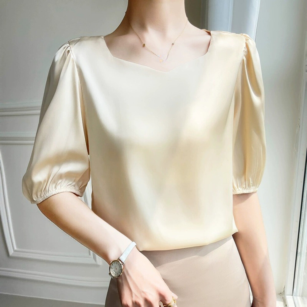 Women Formal Satin Faux Silk Shirt Tops Short Sleeve Tee Shirt Blouse Casual