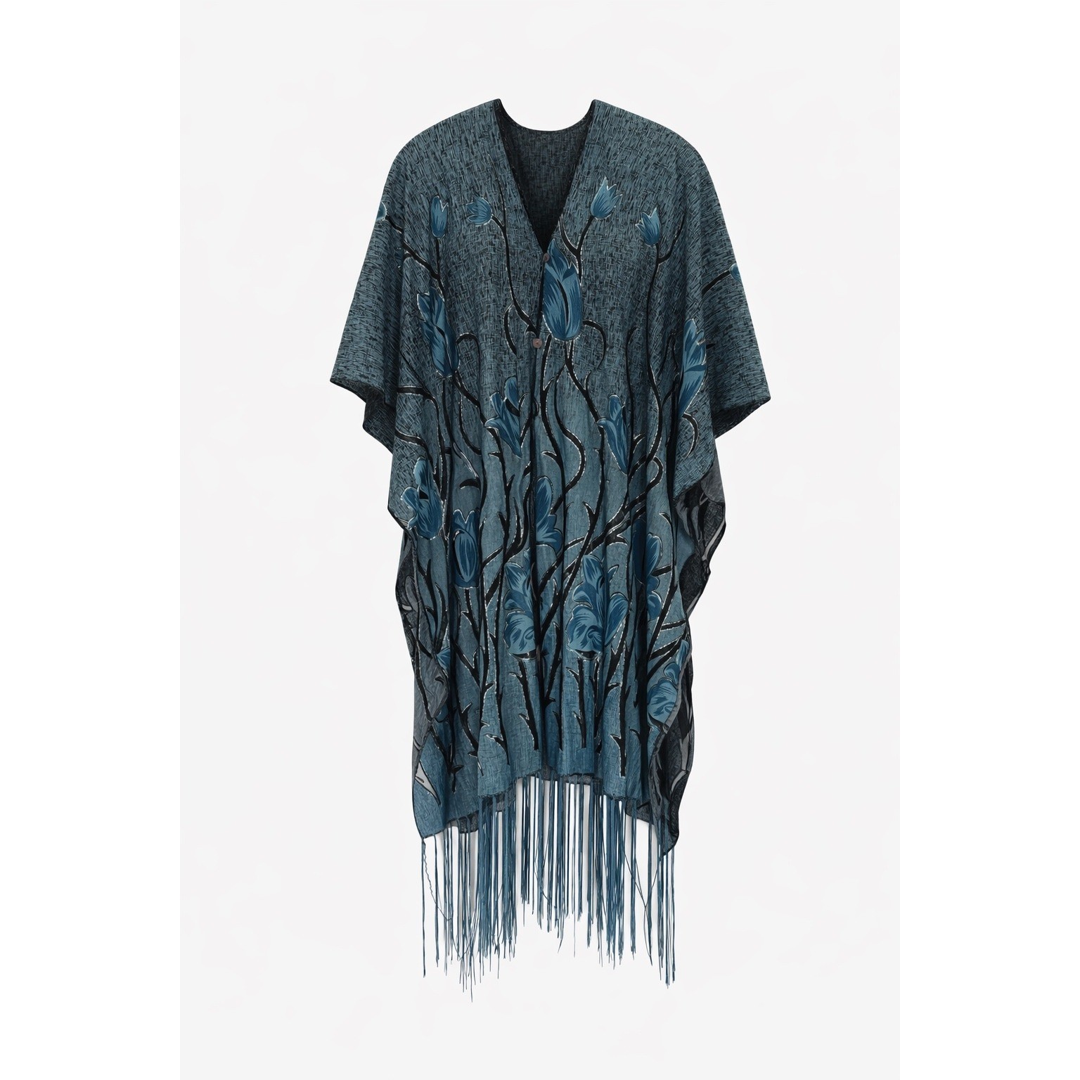Blue Floral Semi-Sheer Fringe Overlay Wrap One Size Boho Festival Layering Top