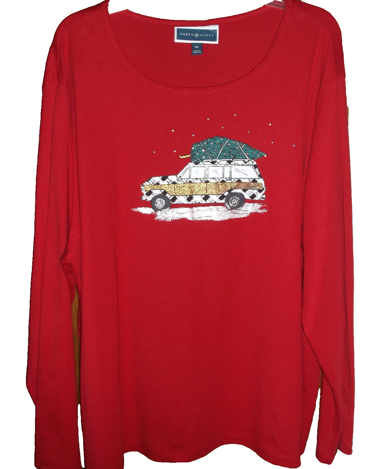 NWOT 💥 KAREN SCOTT 💥 WHIMSY Embellished Top Christmas Tree Car Graphic 3X