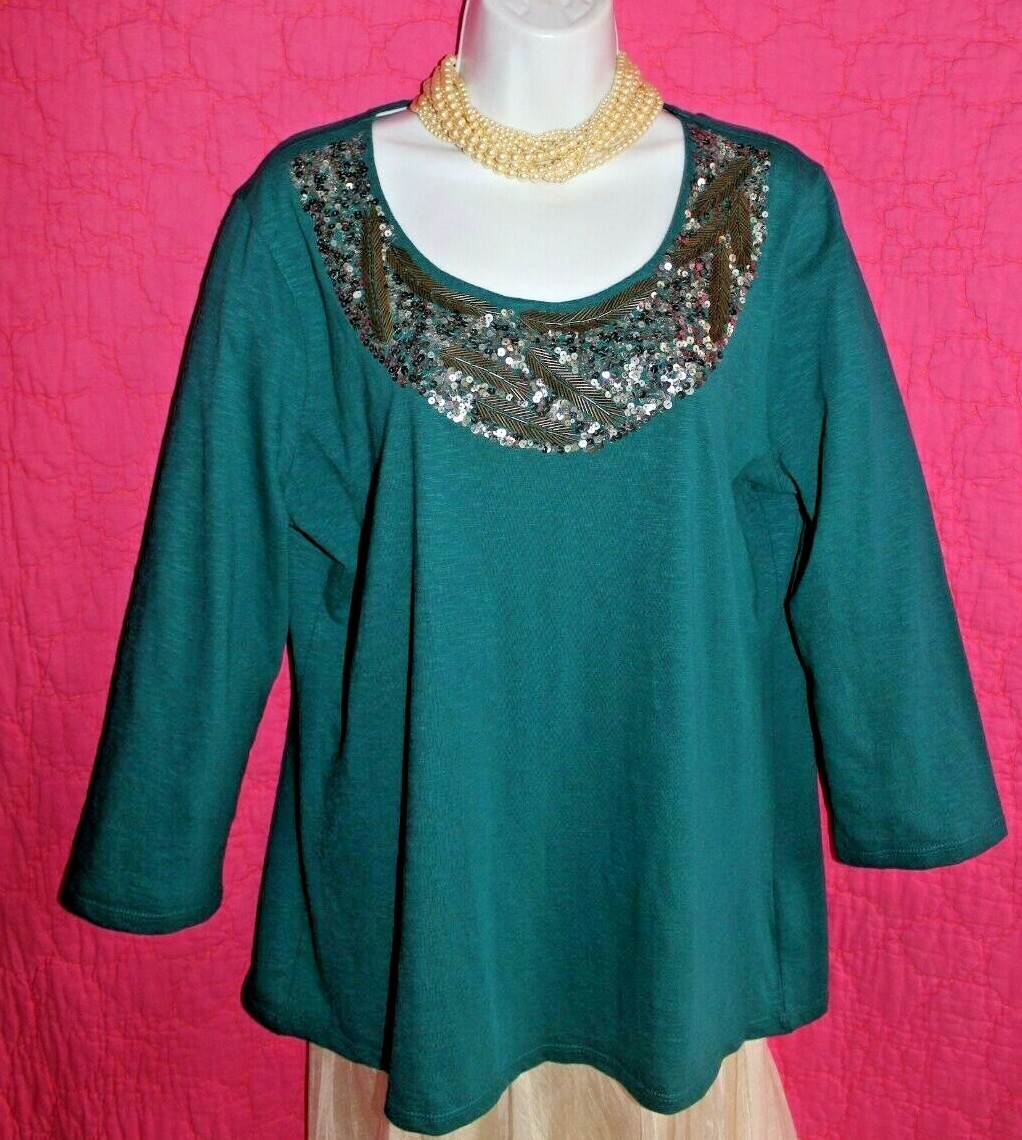 COLDWATER CREEK Teal Cotton Knit Top Silver Sequin Scoop Neck L 14 T-Shirt NEW