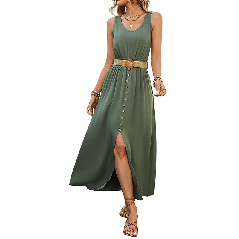 V-neck sleeveless A-line dress in rayon military green navy light blue