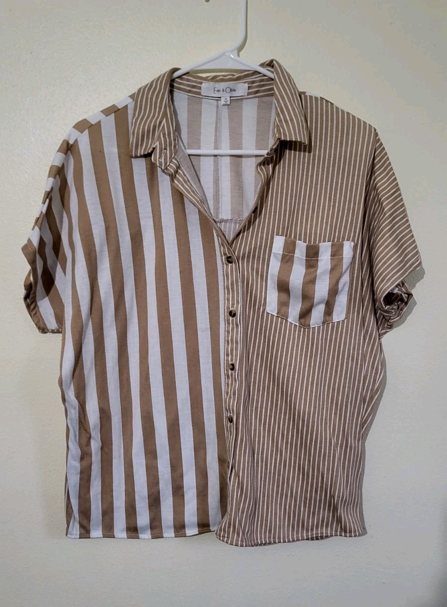 Eden & Olivia Men’s Brown/White Striped Short Sleeve Point Collar Shirt M