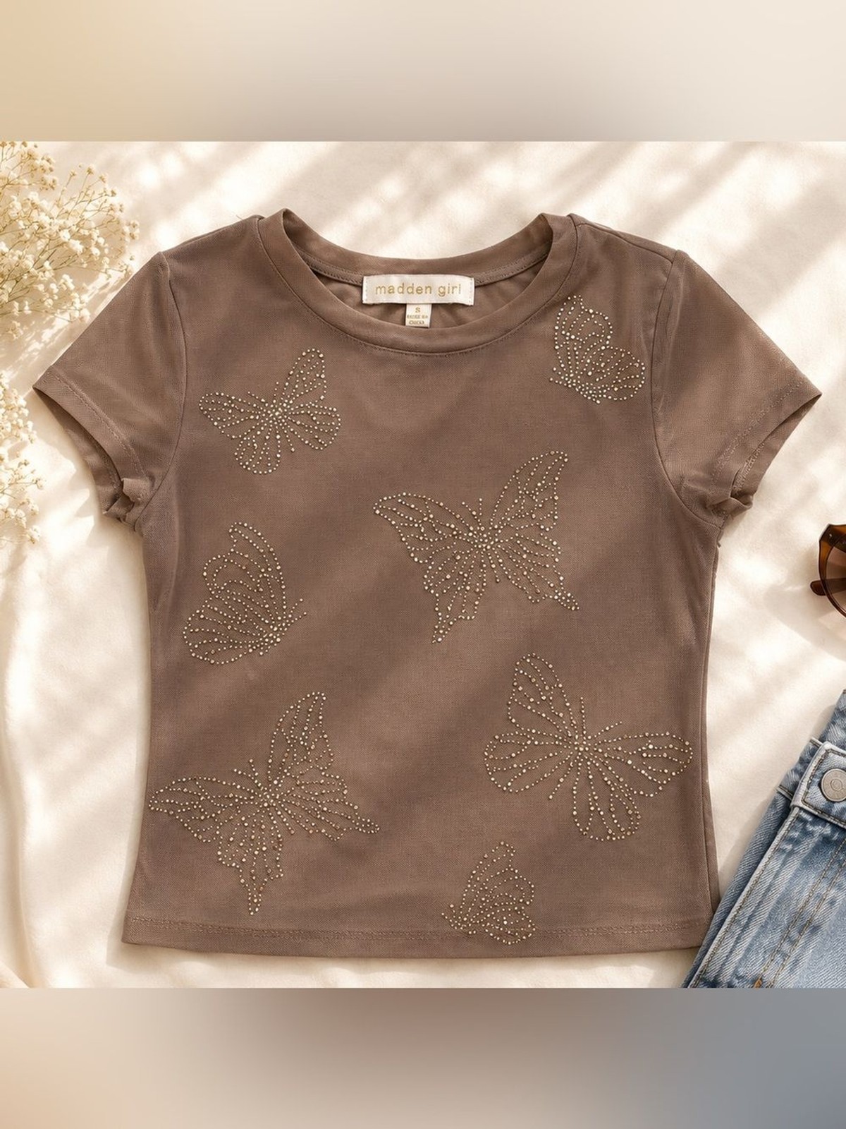 Madden Girl Brown Butterfly Stud Tee