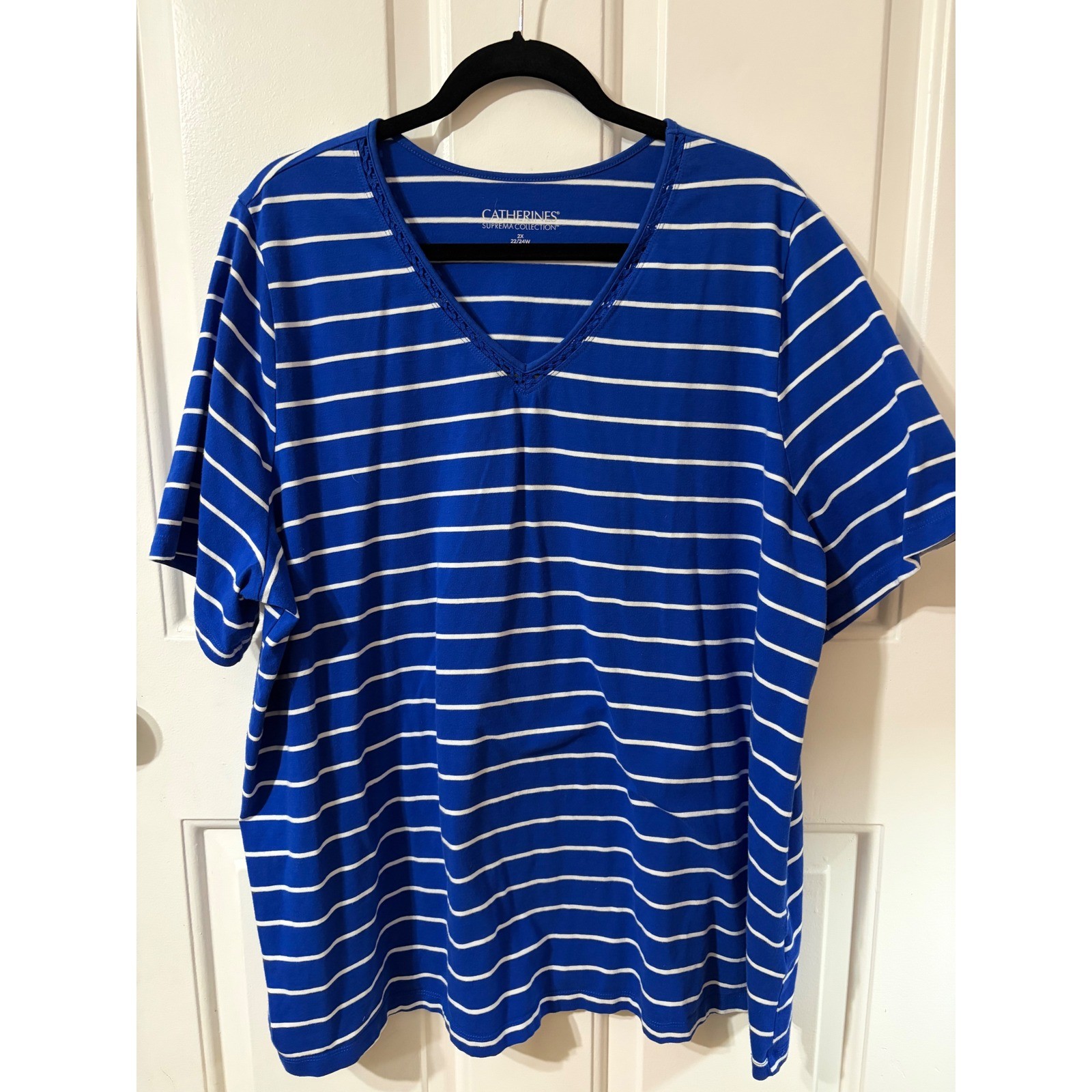 Catherines | plus size Striped V-Neck Tee || 2X || Blue White Crochet Trim|