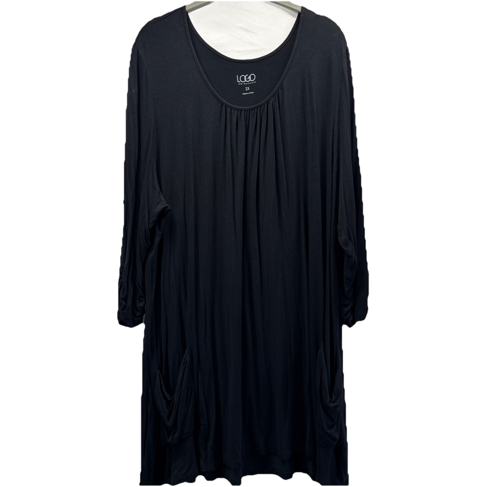 LOGO Lori Goldstein Women’s Tunic Top 2X Slouchy Pockets Black Pullover Pleated