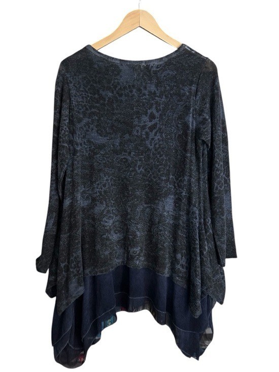 NWT Scandal Italy Mixed Media Animal Print Tunic Top Sz M Swing Hem Grey Blue
